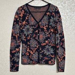 Peruvian Connection Floral‎ Pima Cotton Cardigan Sweater Navy Blue Luxury Knit S